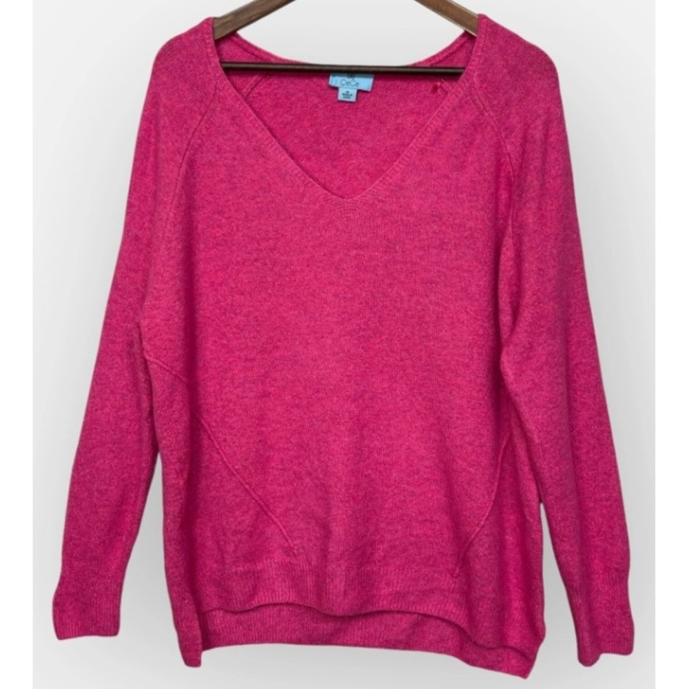 CeCe Womens Hot Pink V-Neck Raglan Long Sleeve High-Low Knit Sweater Size M